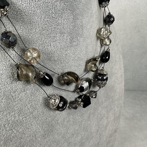 Chico's Multi Strand Beaded Statement Necklace Black Silver Tone Adjustable - Picture 2 of 8